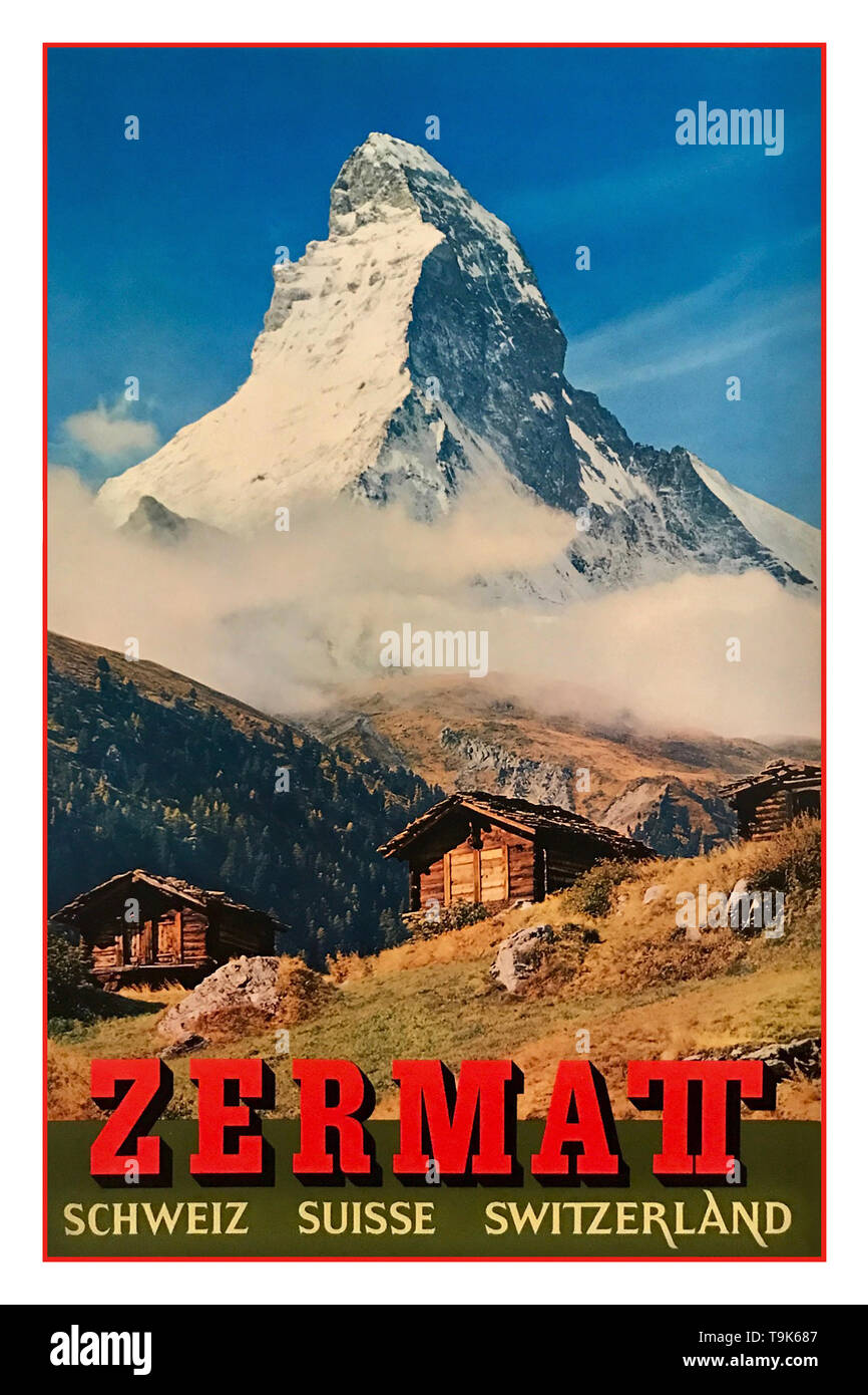 Vintage anni sessanta poster di viaggio Zermatt e il Cervino Svizzera 1960 Foto Stock