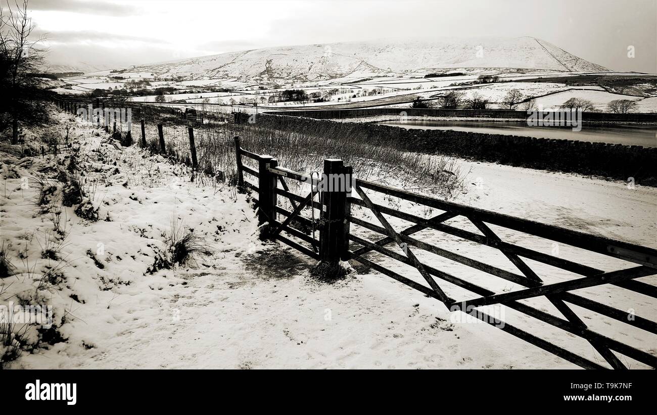 Famosa collina pendle witch walk catturate da aitken legno strega il percorso del sentiero delle sculture. Lancashire Inghilterra. Foto Stock