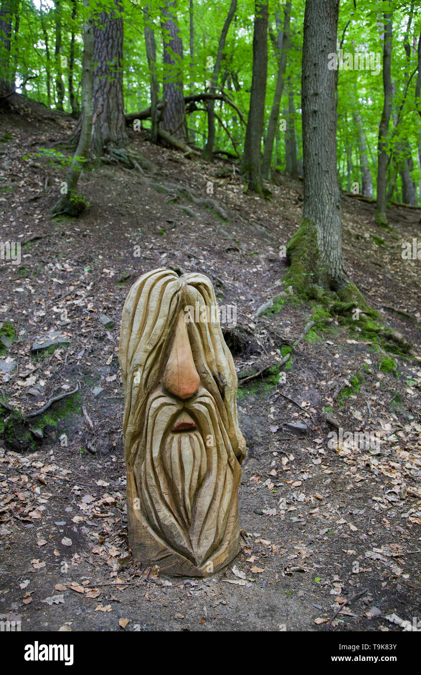 Volto scolpito su un ceppo di albero, Steckeschlääfer-Klamm, Binger foresta, Bingen sul Reno, Renania-Palatinato, Germania Foto Stock