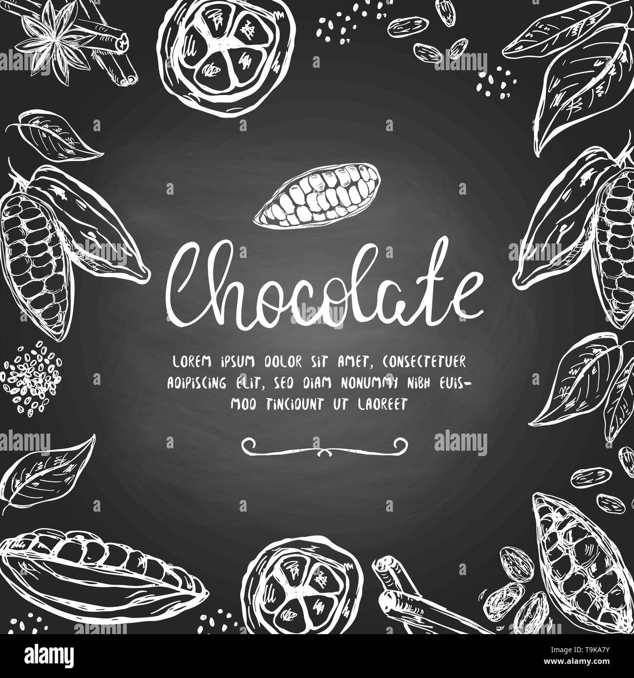Cioccolato con templatre disegnati a mano baccelli di cacao e altri elementi Illustrazione Vettoriale