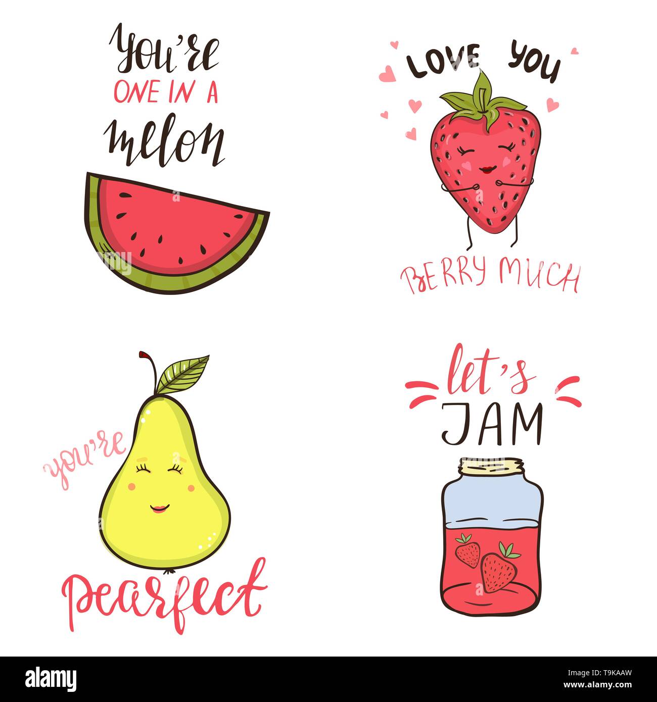 Set di divertente gioco di parole e frasi simpatici personaggi di frutta Illustrazione Vettoriale