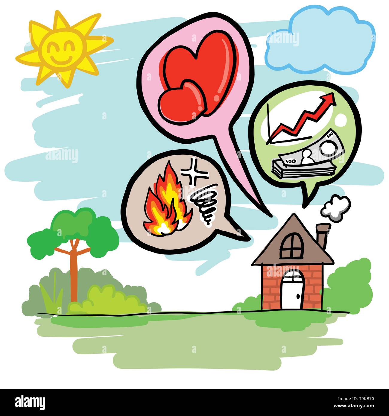 Relazioni familiari e cose importanti del concetto. Si intende per denaro o finanziarie, di amore e di conflitto con rabbia o mad. Disegno vettoriale in stile bambino fre Illustrazione Vettoriale