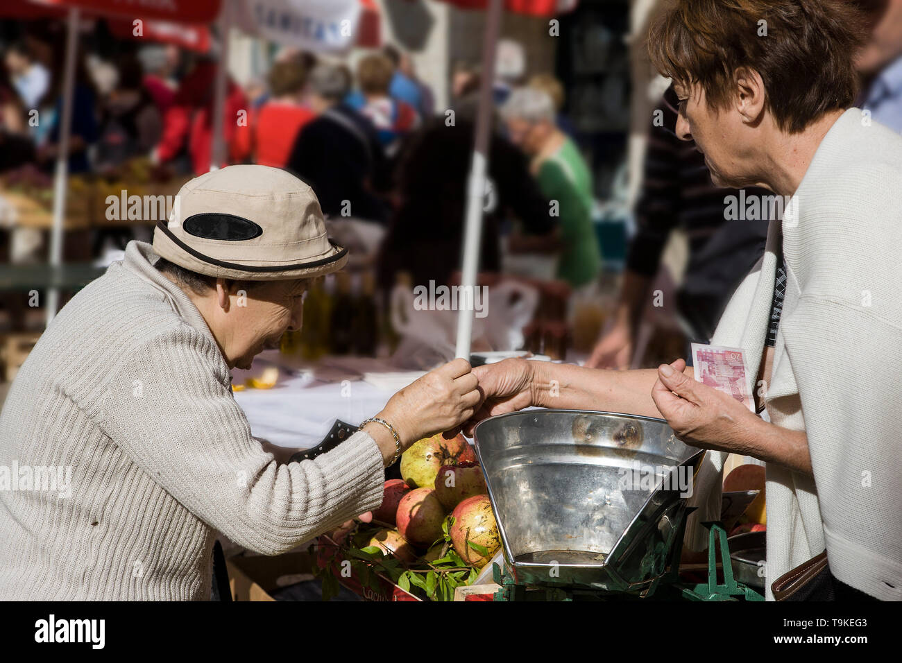 Old Lady acquistare verdure nella locale street market, Gundulićeva poljana, stari grad, Dubrovnik, Croazia Foto Stock