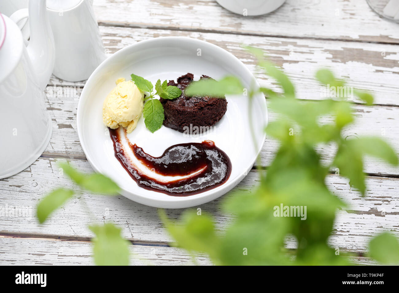 , Gustosi dessert e dolci, gelati e frutta su una piastra bianca. Composizione orizzontale Foto Stock