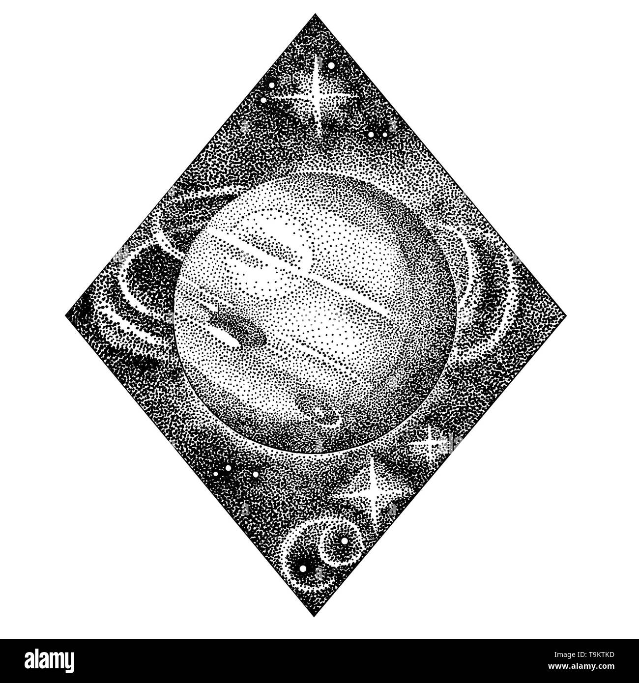 Nettuno. Mano Illustrazione disegnata in stile dotwork. Il concetto di spazio, astrologia astronomia vintage t shirt stampa, cosmic logo design. Foto Stock