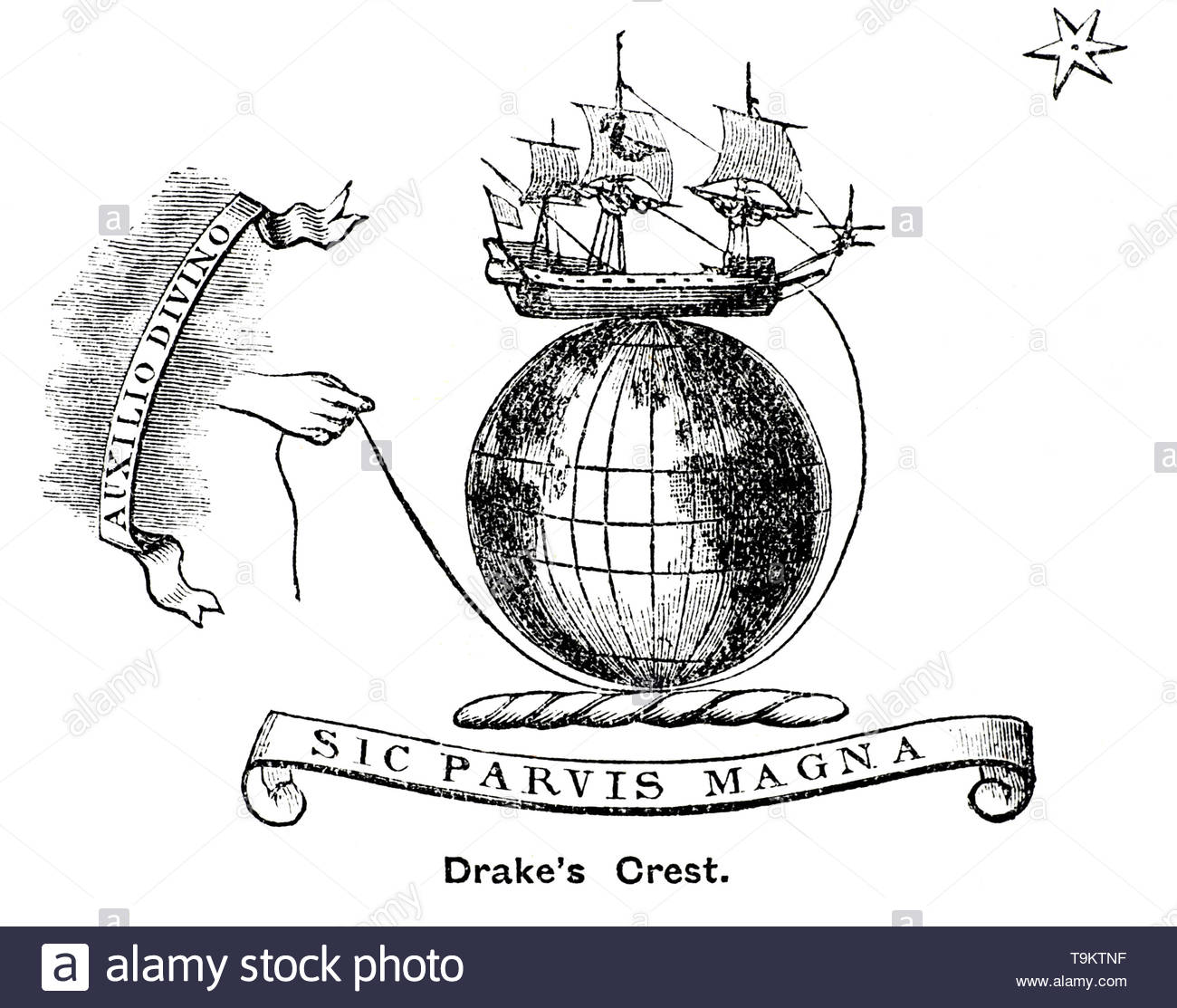 Sir Francis Drake's Crest, vintage illustrazione da 1884 Foto Stock