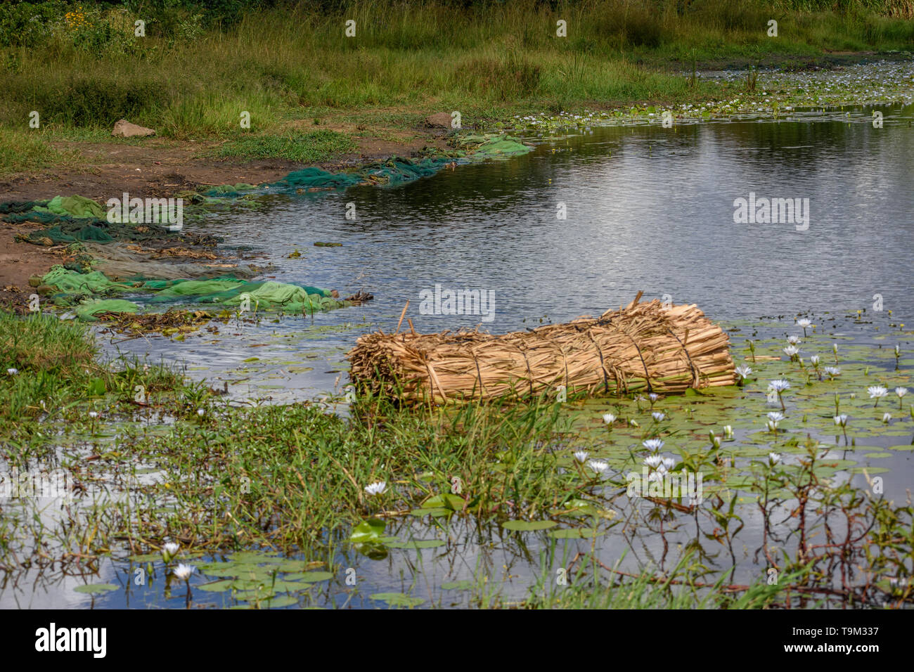 Una foto di una zattera fatta in casa su un lago sul bordo di un villaggio del Malawi la zattera essendo realizzato da canne legate insieme Foto Stock