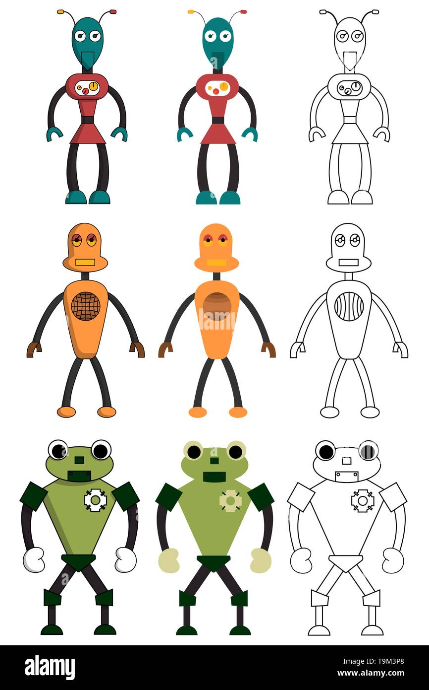 Serie di robot in stile diverso. Stock isolato illustrazione vettoriale Illustrazione Vettoriale