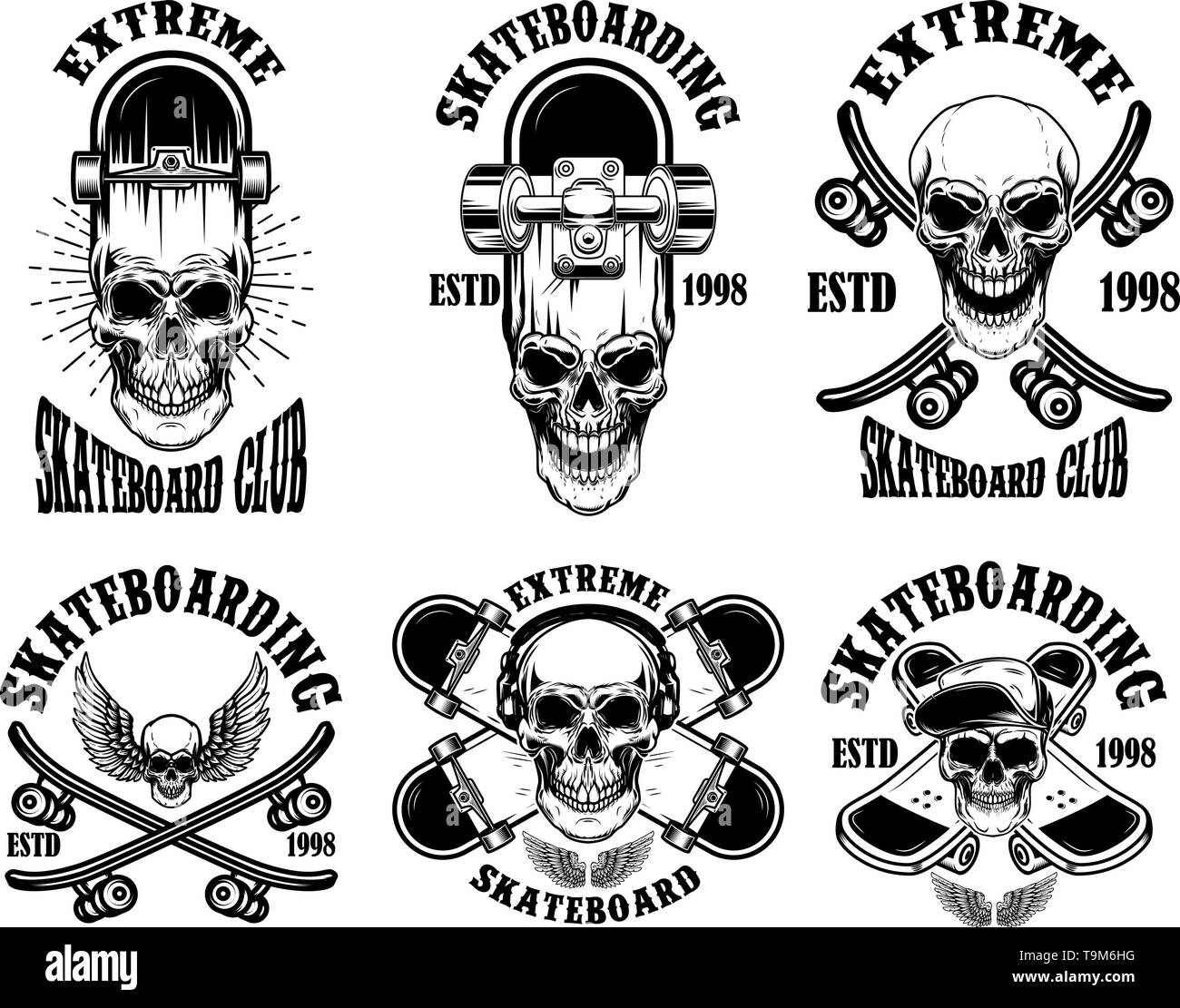 Set di skateboard club emblemi con teschi. Elemento di design per poster, logo, segno, etichetta di t-shirt. Illustrazione Vettoriale Illustrazione Vettoriale