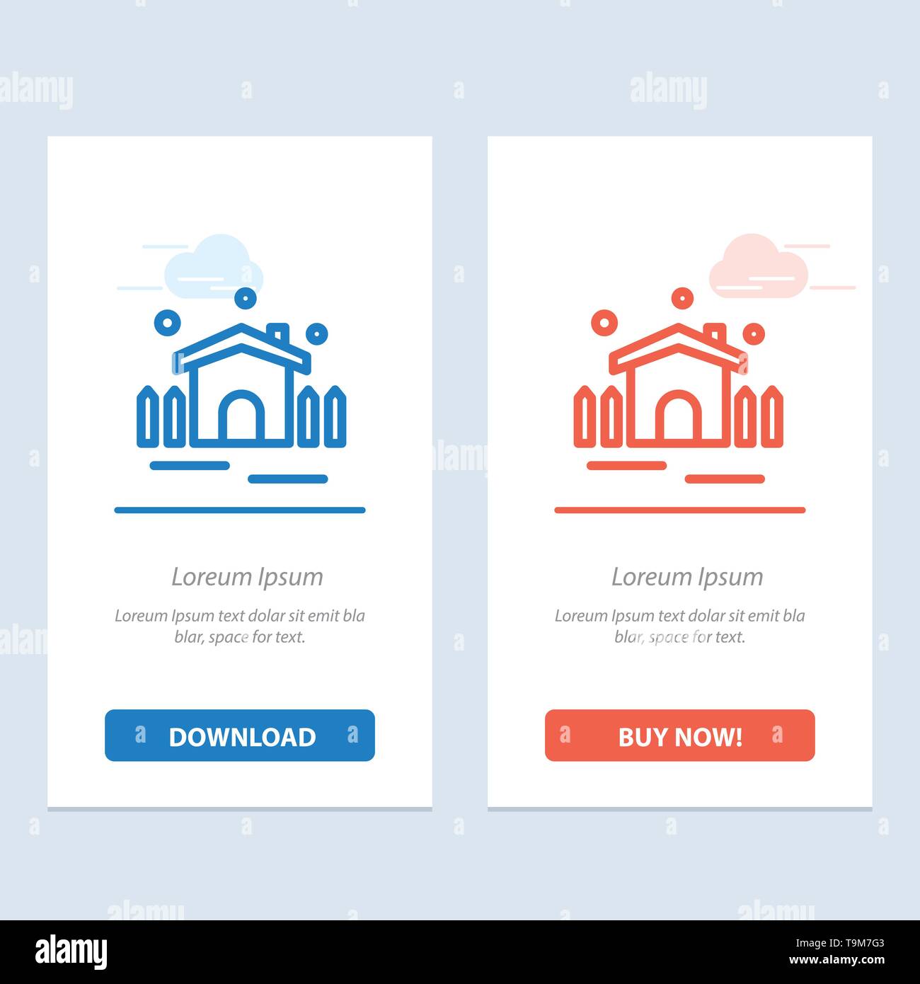 Costruzione, giardino, patio, rifugio di blu e di rosso e di Download Acquista web widget modello di scheda Illustrazione Vettoriale
