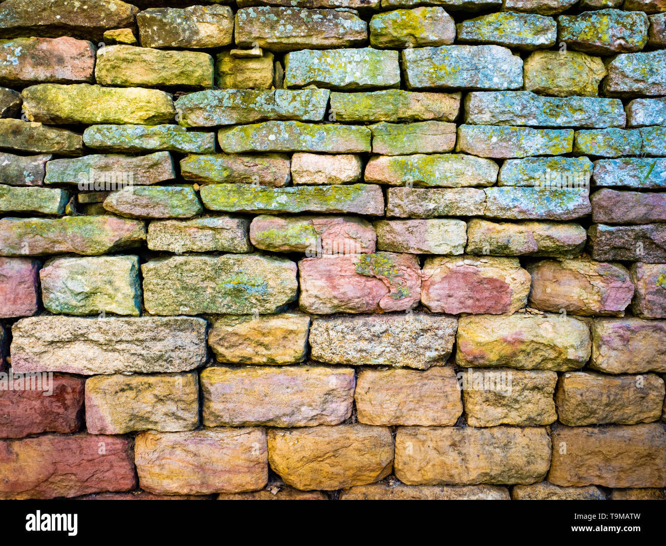 Parete in pietra secca colorata pastello su pareti tradizionali Foto Stock