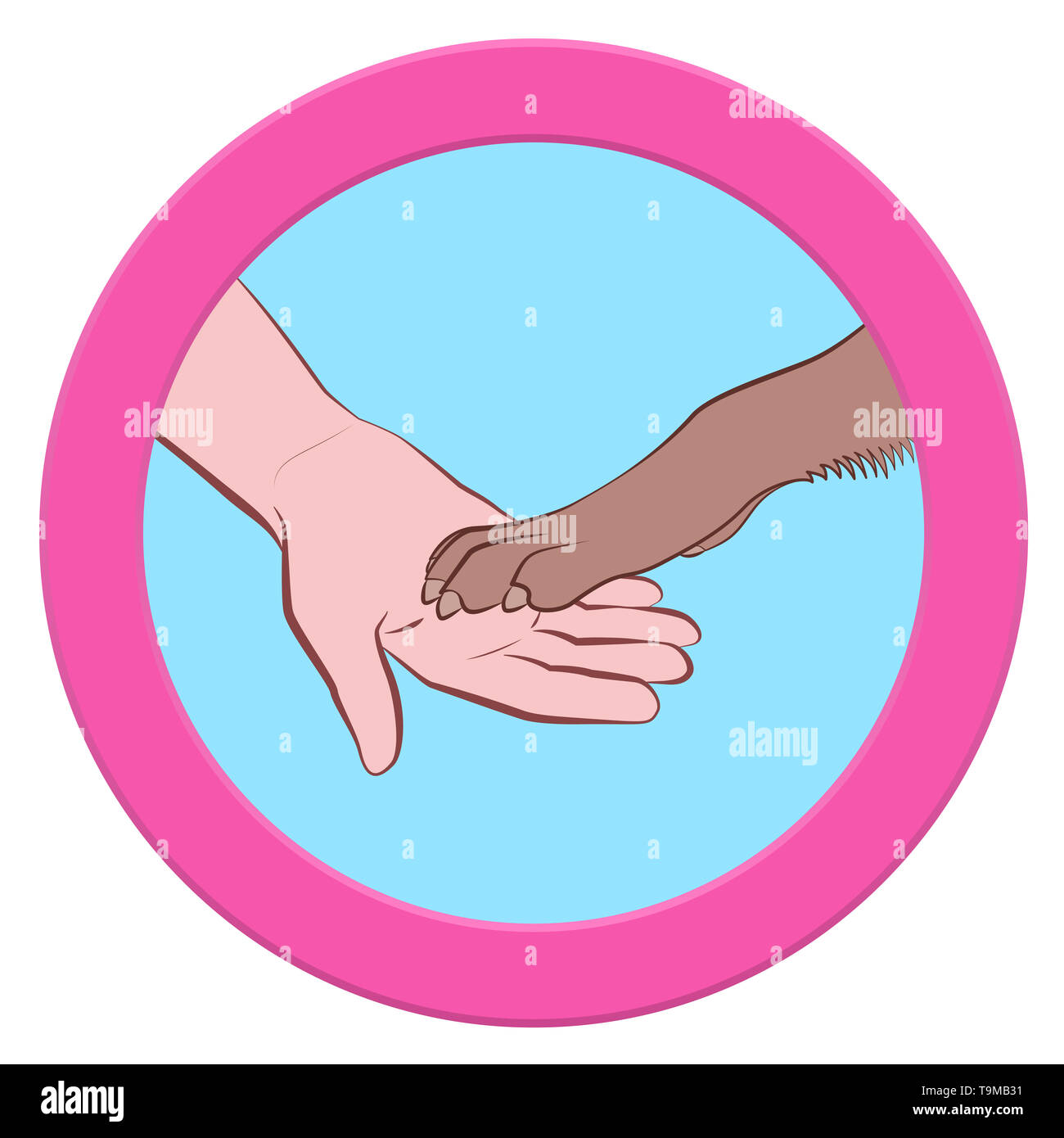 Cani zampa e mano umana dando zampe. Round rosa simbolo del logo illustrazione su sfondo bianco. Foto Stock