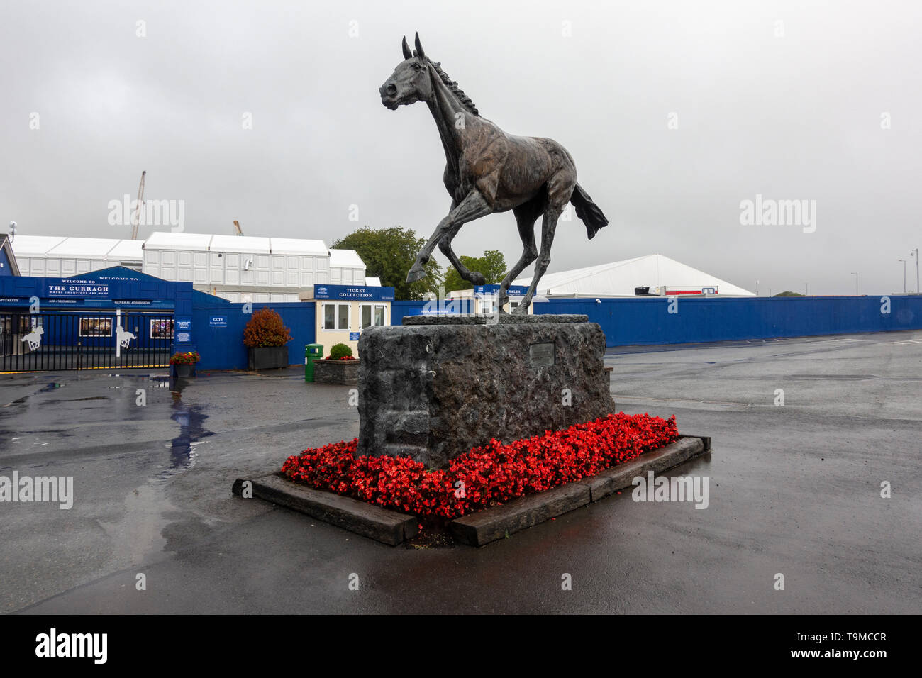 Statua di Ridgewood Pearl fuori l'ingresso principale al Curragh Racecourse, Co Kildare, Irlanda. Foto Stock