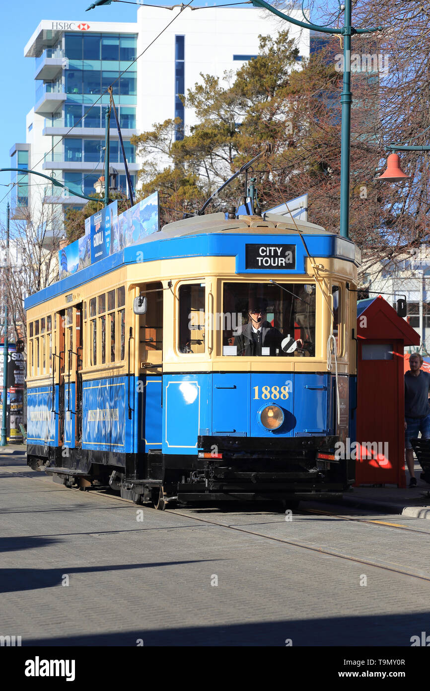 Il tram a Worcester Boulevard, Christchurch, Nuova Zelanda Foto Stock