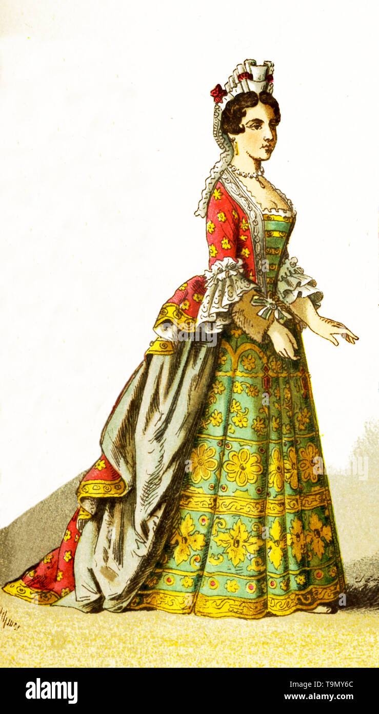 La figura rappresentata qui è una signora francese di rango intorno al 1600. L'illustrazione risale al 1882. Foto Stock
