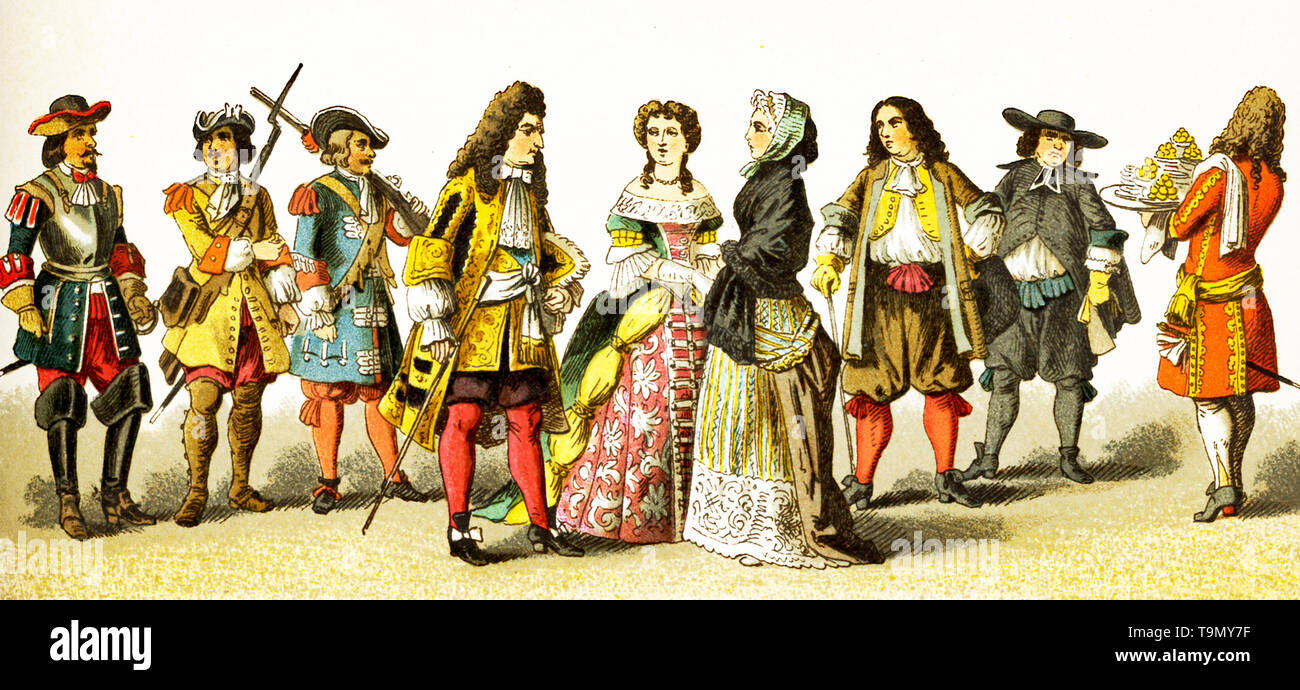 Le figure qui rappresentate sono il popolo francese intorno al 1600. Essi sono, da sinistra a destra: cuirassier, granatiere, soldato delle guardie, Luigi XIV nel 1680, signora di rango, signora di rango en negligee citizen, Abbe, servingman. L'illustrazione risale al 1882. Foto Stock