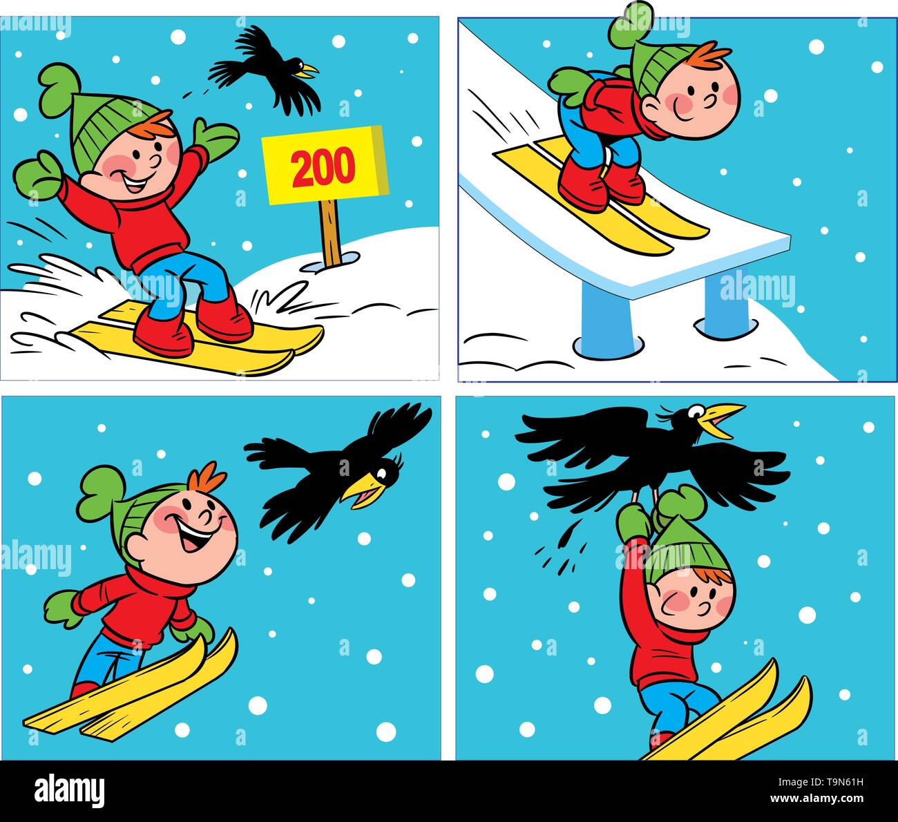 Illustrazione Vettoriale cartoon comico con un ragazzo di sci e un corvo, nella stagione invernale. Illustrazione Vettoriale