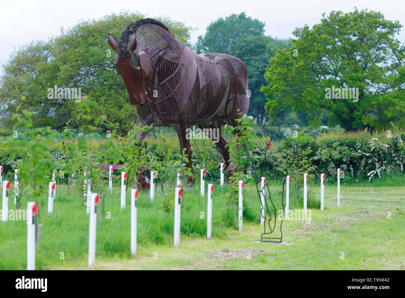 War Horse scultura alla Mill Pond prato in Featherstone, West Yorkshire è un memoriale plantation . Foto Stock