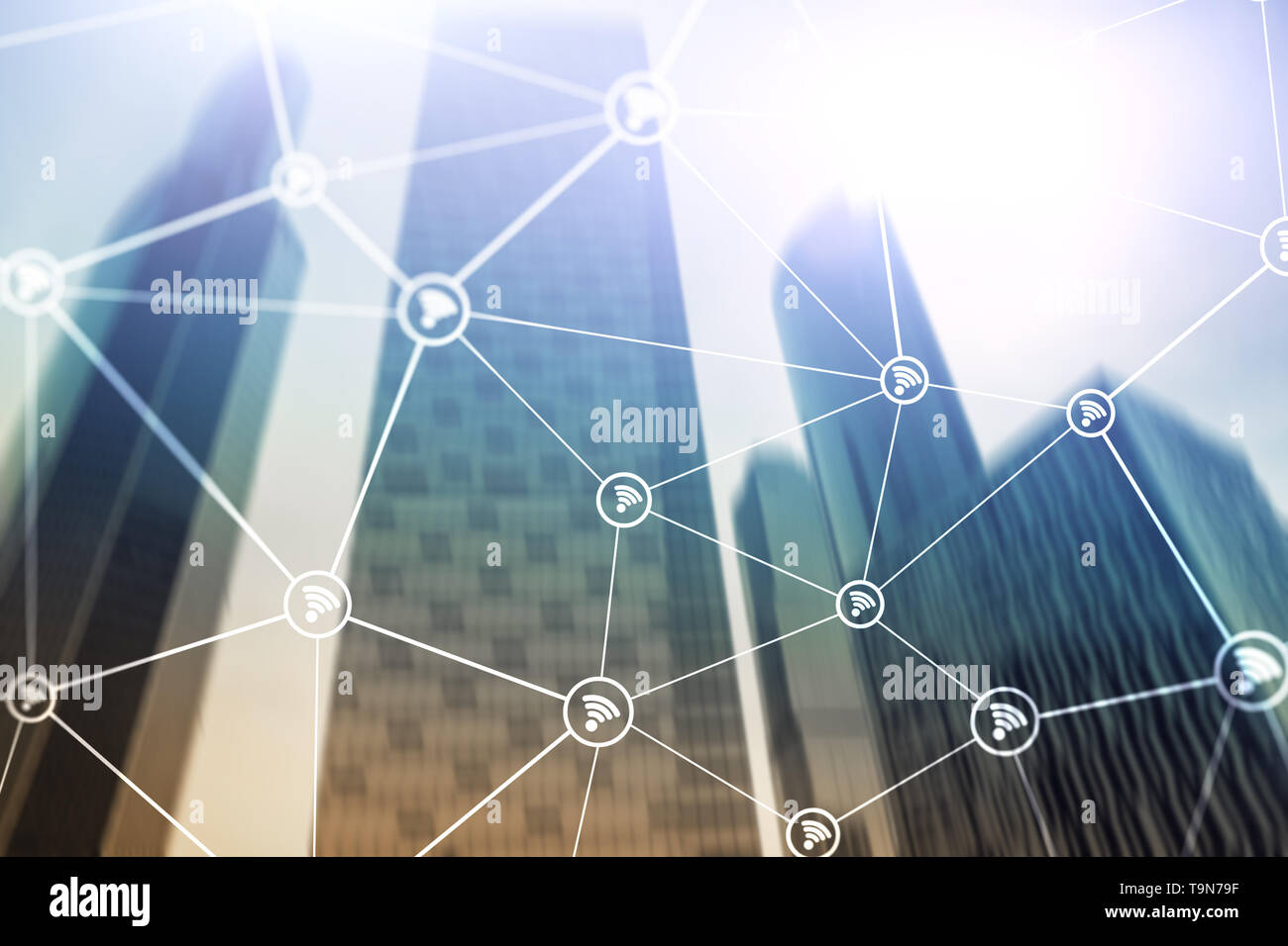 Rete Wifi sul business sfocata sullo sfondo al centro. Foto Stock