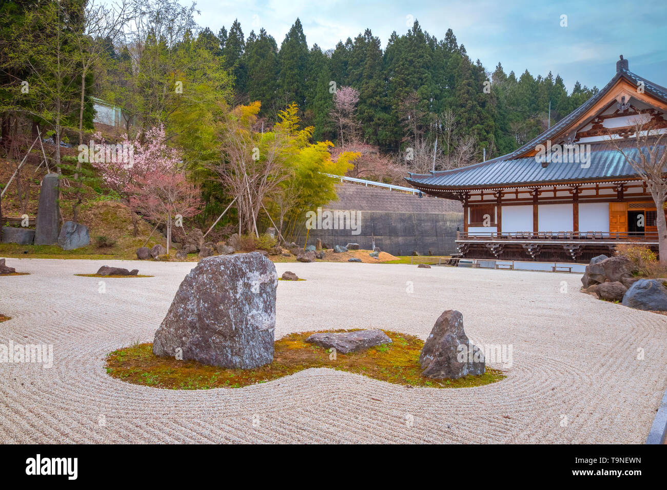 Aomori, Giappone - 24 Aprile 2018: Il Rock Garden a Seiryu-ji tempio Buddista fondata da Ryuko APD in 1982, casa di più grande bronzo seduto statua del Buddha, Sho Foto Stock