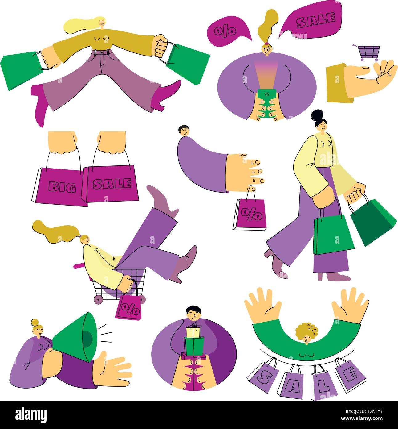 Illustrazione vettoriale di Colorfulsale carattere bianco su sfondo isolato. Gli uomini e le donne in un elegante stile piatto e linee con grandi arti e testina di piccole dimensioni Illustrazione Vettoriale