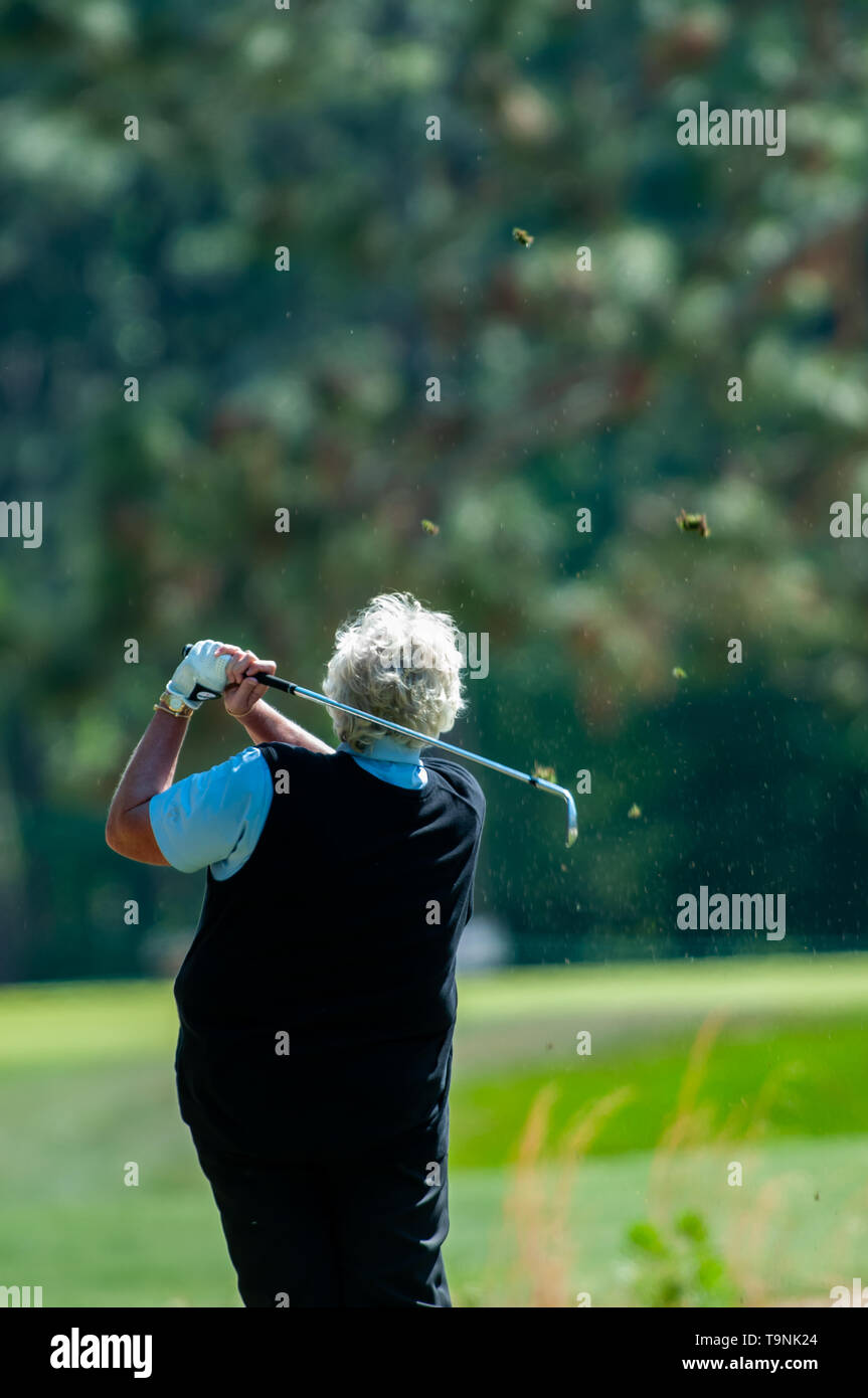 Pini del sud, North Carolina, Stati Uniti d'America. 19 Maggio, 2019. 19 maggio 2019 - pini del sud, North Carolina, USA - LAURA DAVIES dell Inghilterra gioca il suo colpo da xvi tee durante il round finale della USGA 2 dell'U.S. Senior Femminili campionato aperto in corrispondenza di aghi di pino Lodge & Golf Club, 19 maggio 2019 nel sud di pini, North Carolina. HELEN ALFREDSSON di Svezia ha vinto con un giro finale di 72, cardatura 285 totale per il torneo. Credito: Timothy L. Hale/ZUMA filo/Alamy Live News Foto Stock