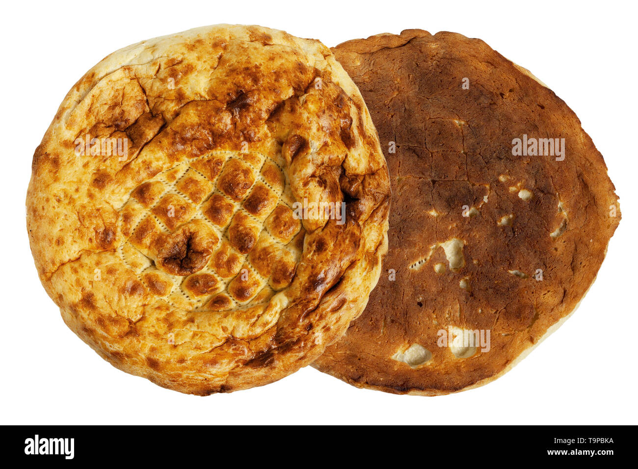 Round pane pita. Close-up. Isolato su sfondo bianco. Foto Stock