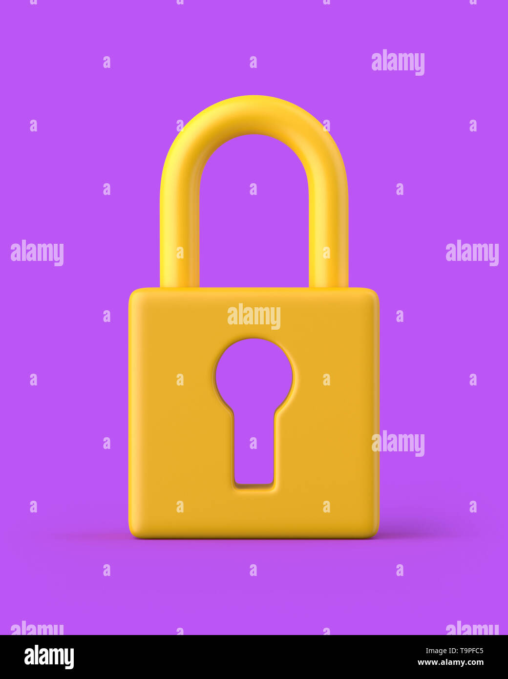 Bloccato keyhole giallo lucchetto su uno sfondo viola. 3D render. Vista frontale. Il kitsch serie d'arte. Foto Stock