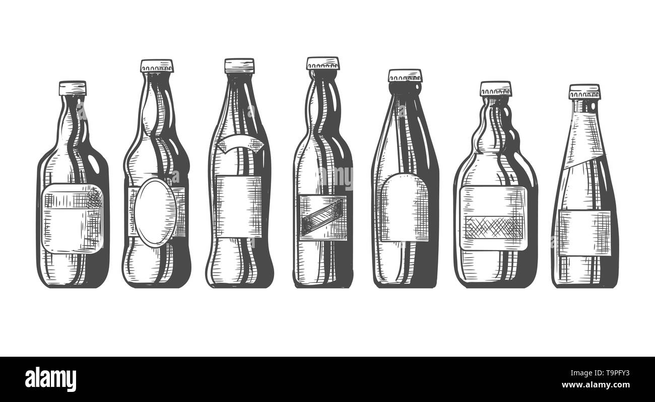 Bottiglie di birra sketch. Disegnata a mano il vecchio beerbottle impostata per la fabbrica di birra, predisposto imbottigliamento pub illustrazione vettoriale, vintage della birra artigianale graphic Illustrazione Vettoriale