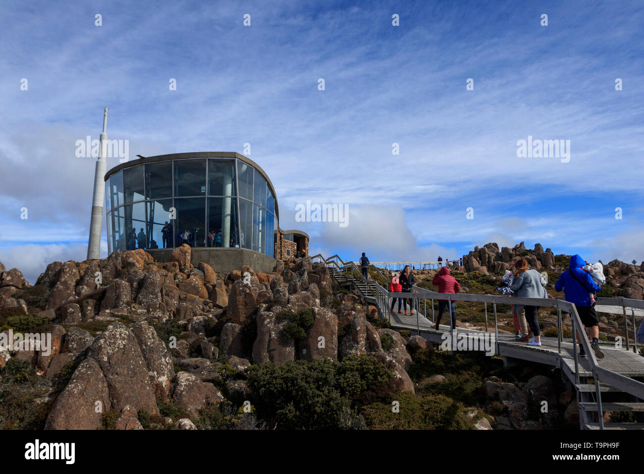 Il pinnacolo di osservazione al Rifugio Monte Wellington al di fuori di Hobart Tasmania. Il monte Wellington nome indigena è Kunanyi e il vertice è 1271 m Foto Stock