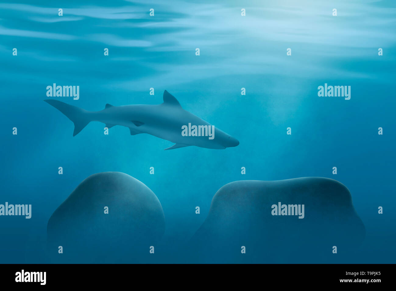 Scena subacquea illustrazione con i raggi di luce. Blu sfondo lucido Foto Stock