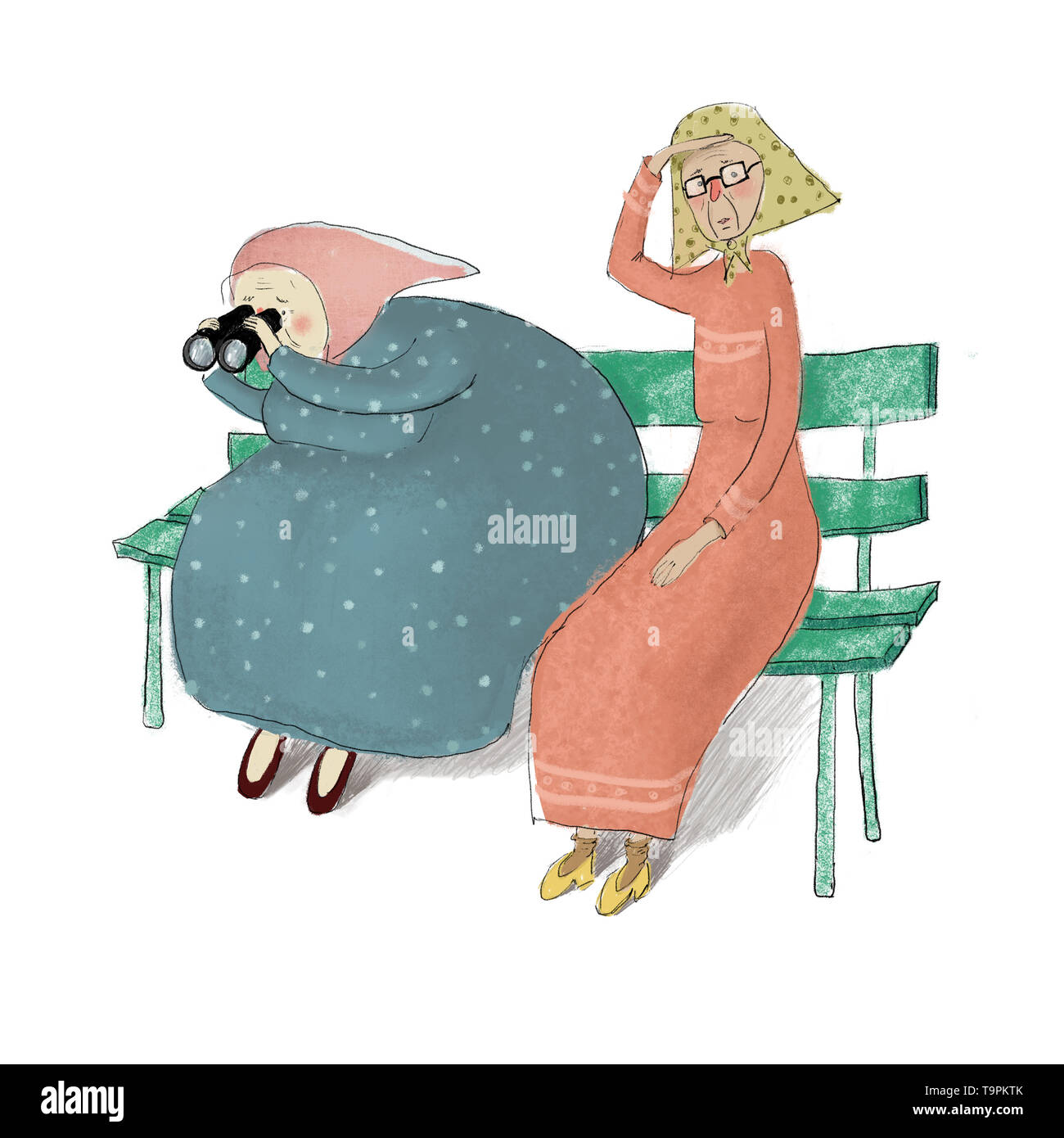 Abbastanza vecchio signore o nonne seduta sul banco di lavoro. Guardando in lontananza. Amici anziani sono in appoggio sul banco. Divertente e Cartoon carino ch Foto Stock