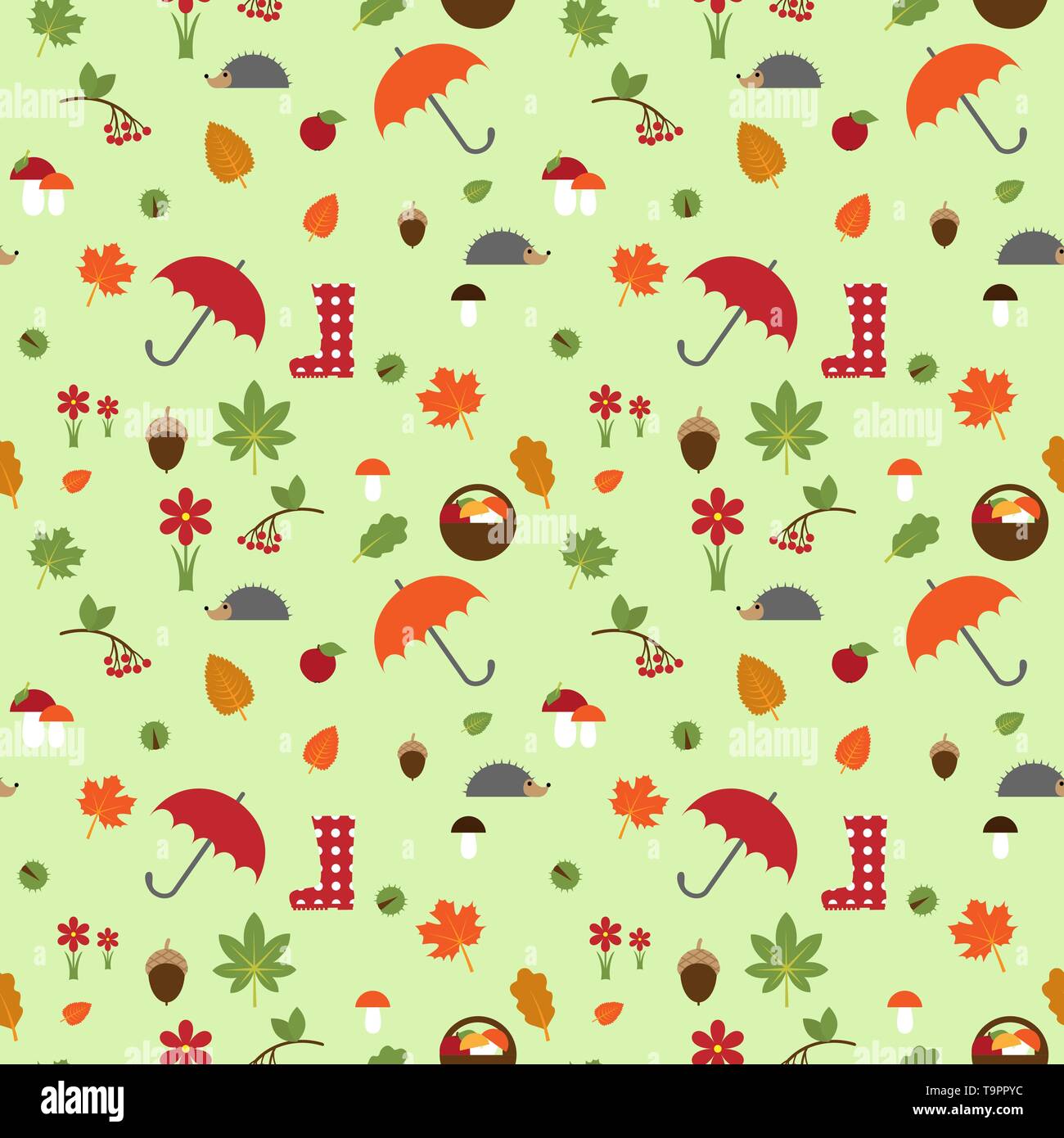 Vector seamless pattern con l'autunno flat icone sullo sfondo verde chiaro Illustrazione Vettoriale