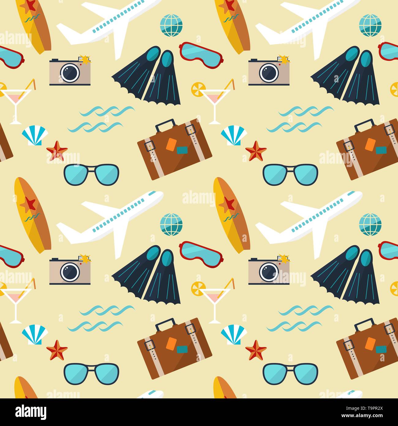 Modello senza giunture di piatto estivo icone sfondo vettoriale per la progettazione Illustrazione Vettoriale