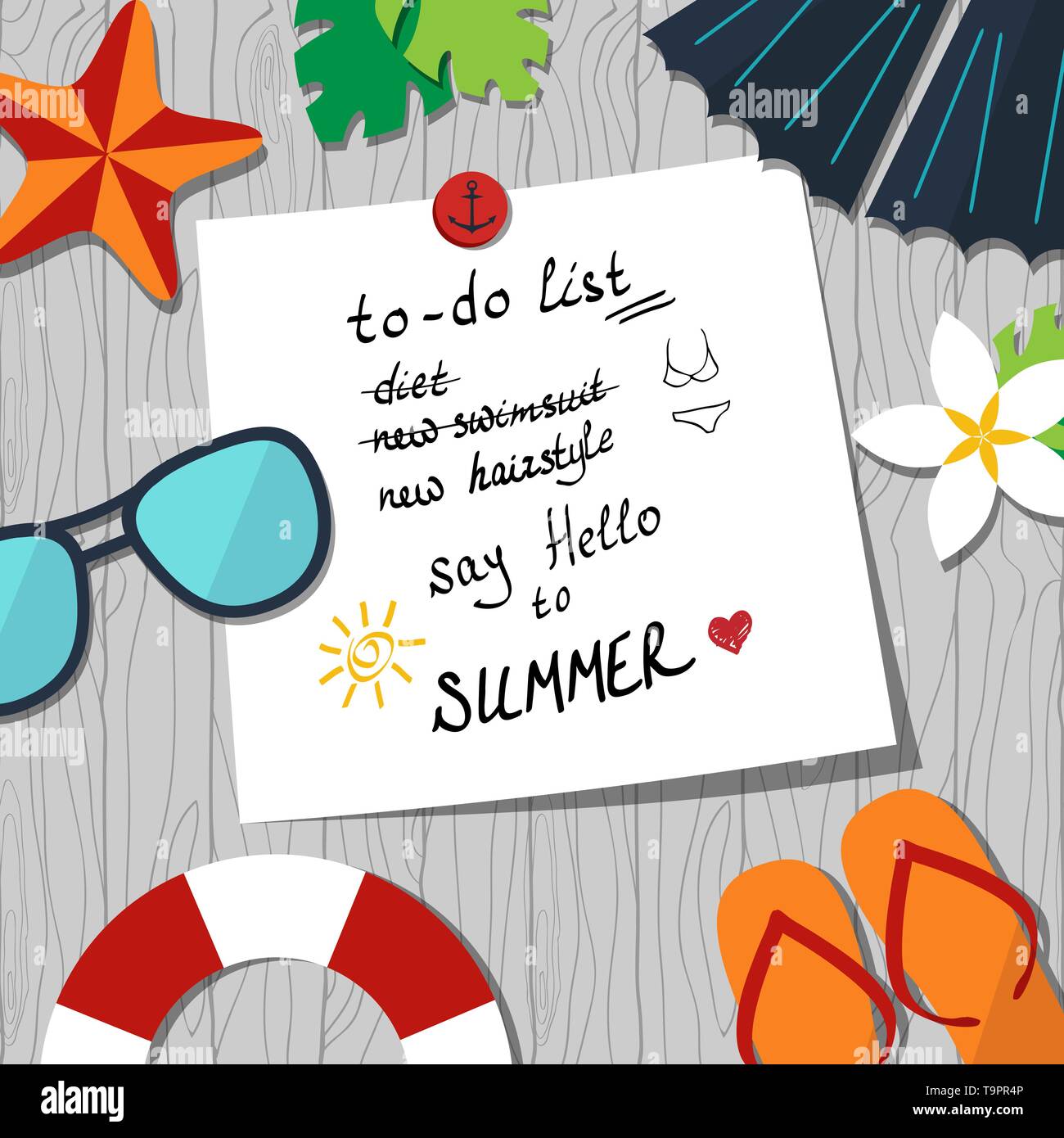 Scheda vettore modello con elenco di cose da fare e in estate gli accessori su seamless Sfondo legno Illustrazione Vettoriale