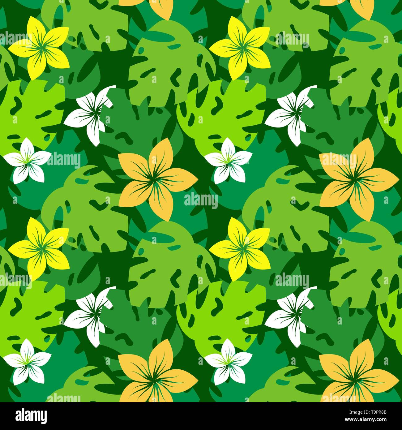 Modello senza cuciture con fiori di frangipani e mostri lascia sfondo vettoriale Illustrazione Vettoriale