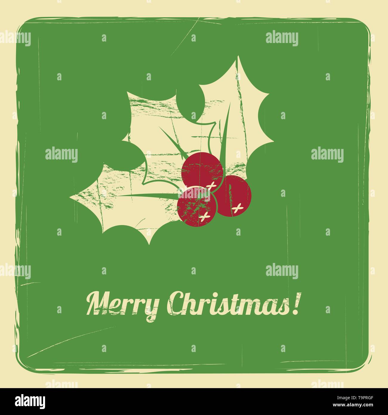 Poster con un holly e slogan 'Buon Natale!" sfondo vettoriale con effetto rétro Illustrazione Vettoriale