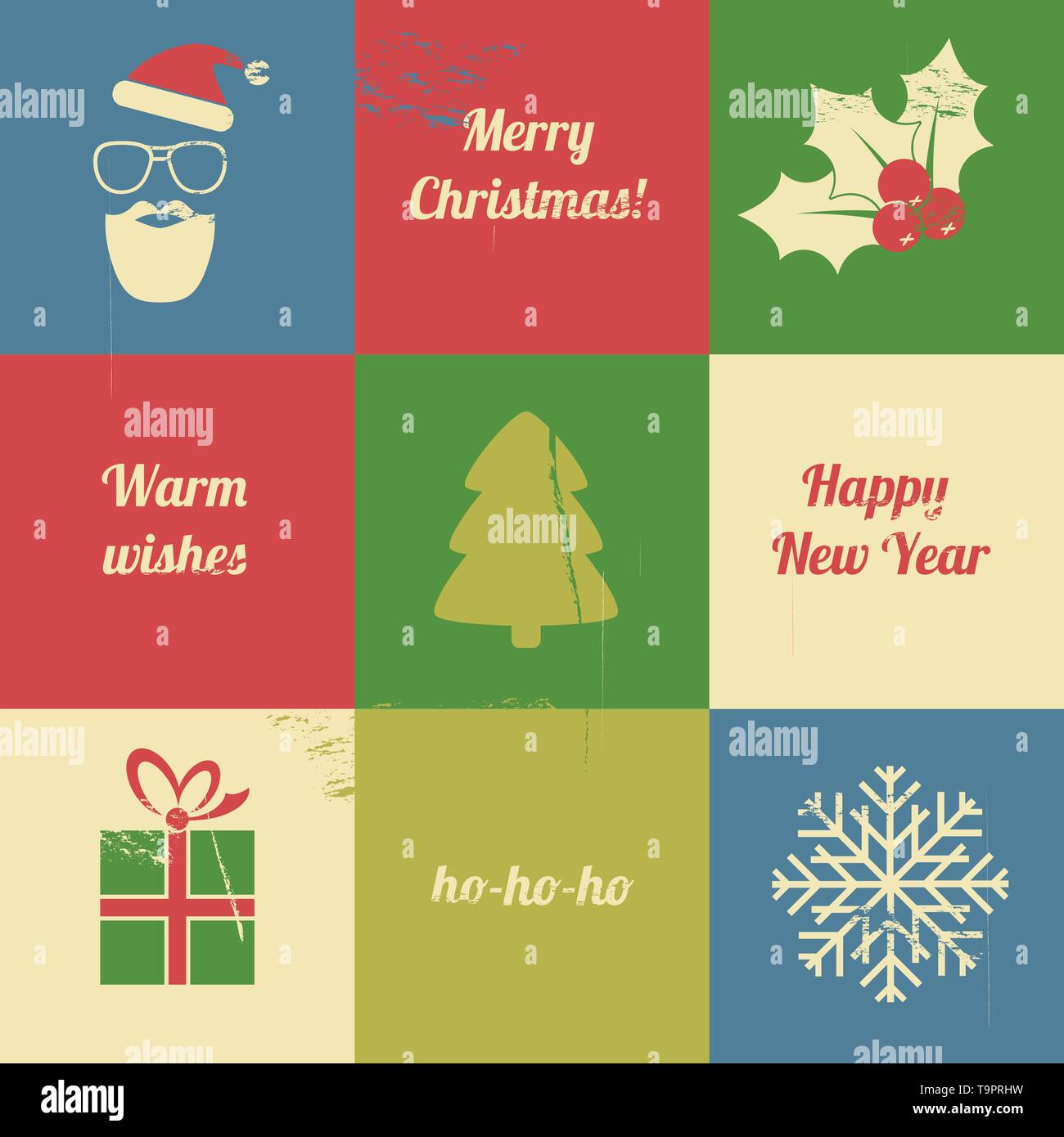 Raccolta di Christmas Icona e slogan in stile retrò sfondo vettoriale Illustrazione Vettoriale
