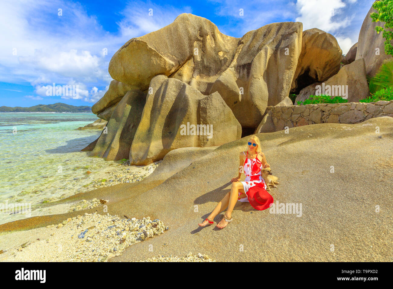 Stile di vita attraente donna con un simpatico cane ama ad Anse Source d'Argent una delle più belle spiagge di La Digue, Seychelles famoso per crystal Foto Stock
