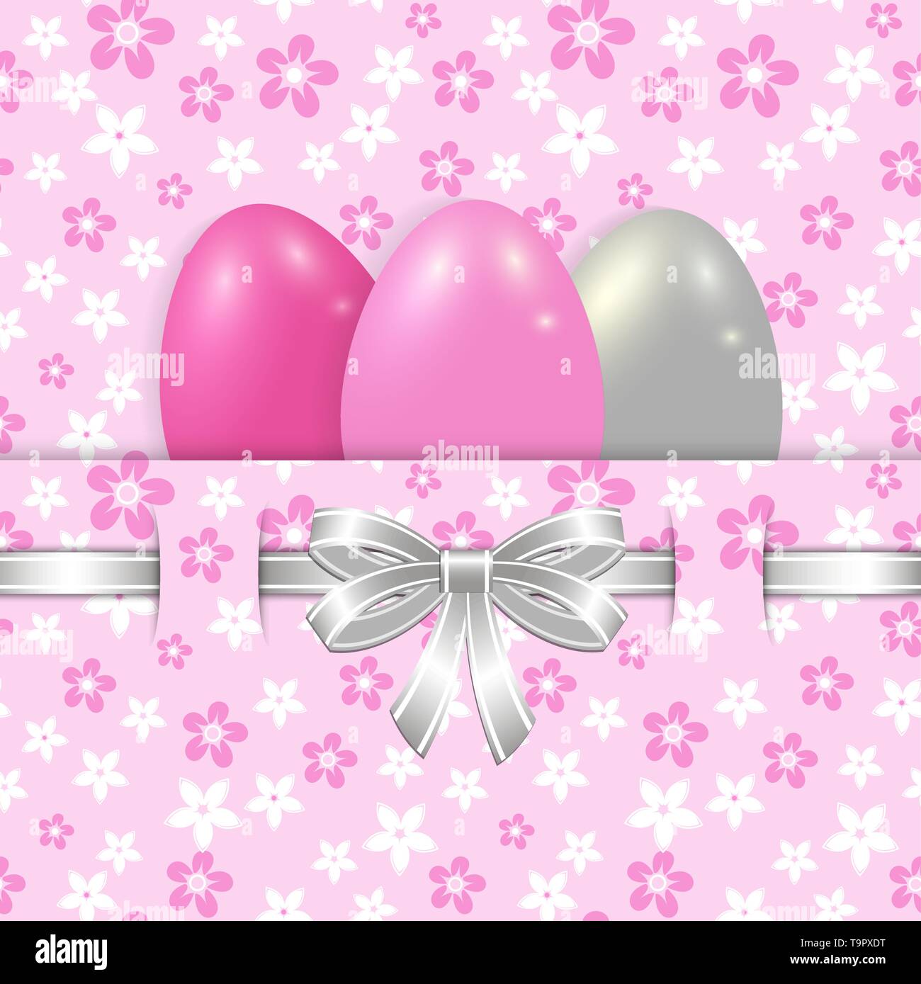 Easter Card modello con uova e arco di argento sulla rosa seamless floral vettore di fondo Illustrazione Vettoriale