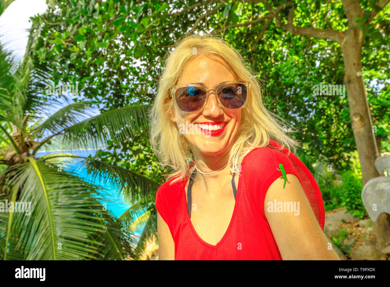 Un simpatico Phelsuma sundbergi chiamato La Digue giorno geco sul braccio di un sorridente donna turista in vacanza a Seychelles. Felice femmina caucasica gode con Foto Stock