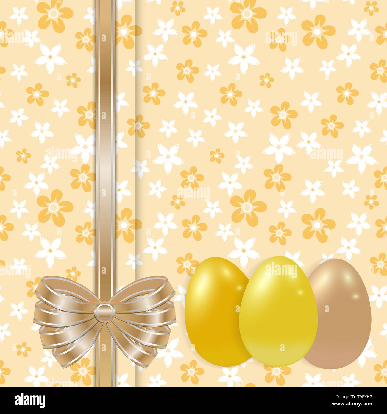 Easter Card modello con uova d'oro e la prua su seamless floral vettore di fondo Illustrazione Vettoriale