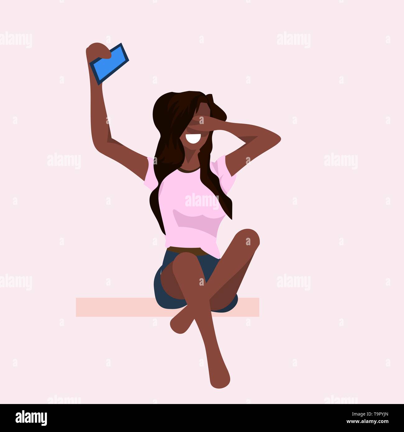 Donna prendendo selfie foto sulla fotocamera dello smartphone casual americano africano femmina personaggio dei cartoni animati seduta con occhio chiuso ragazza in posa piatto lunghezza completa v Illustrazione Vettoriale