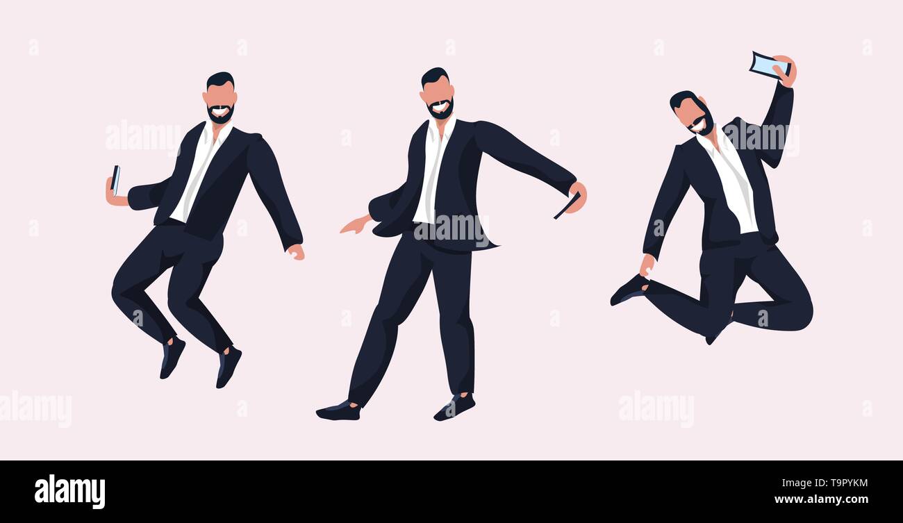 Gli uomini d' affari tenendo selfie foto sulla fotocamera dello smartphone imprenditori formale permanente di usura diverse pose maschio di personaggi dei cartoni animati che pongono in tuta flat Illustrazione Vettoriale