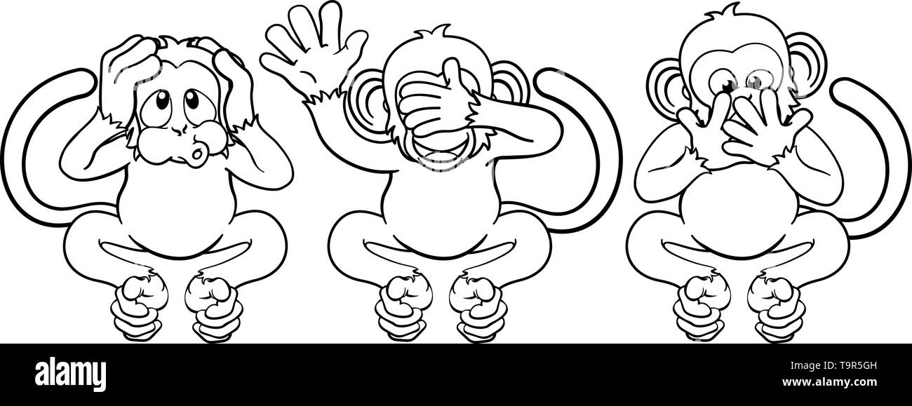 Le scimmie vedere sentire parlare Nessun male i personaggi dei cartoni animati Illustrazione Vettoriale