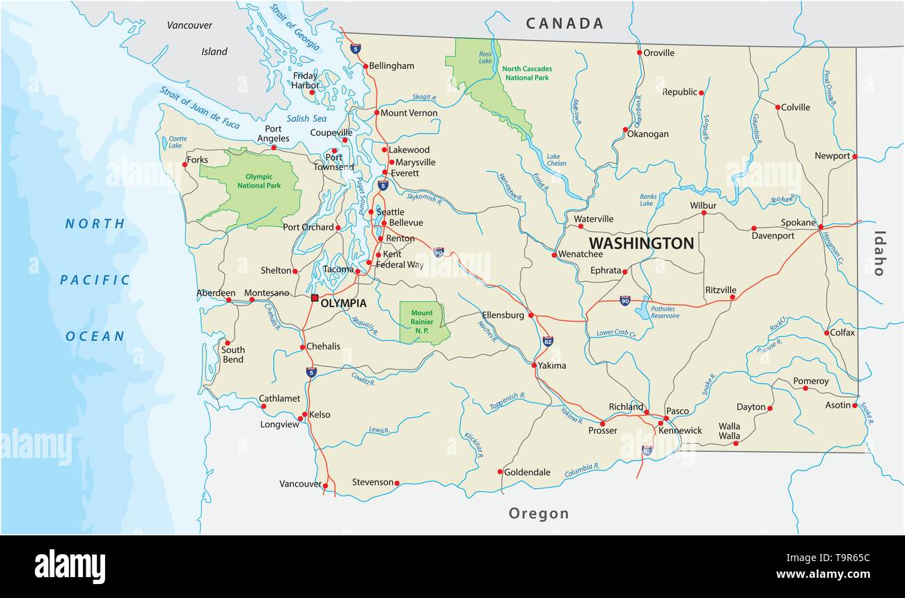 Stato di Washington road e il parco nazionale di mappa vettoriale Illustrazione Vettoriale