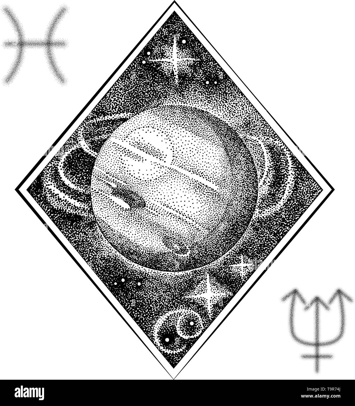 Nettuno. Mano Illustrazione disegnata in stile dotwork con simboli astrologici del pianeta e pesci segno zodiacale. Il concetto di spazio, astrologia astronomia Illustrazione Vettoriale