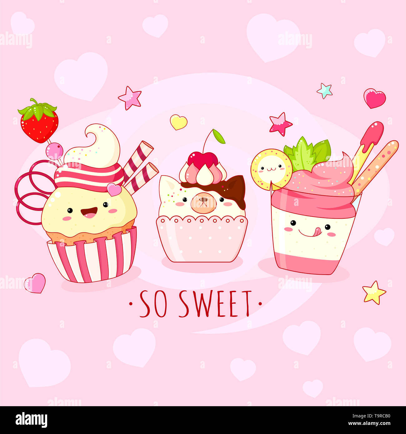 Divertenti con sfondo carino dolce icone in stile kawaii con volto sorridente e guance di rosa. Iscrizione così dolce, frullati e tortina. EPS8 Foto Stock