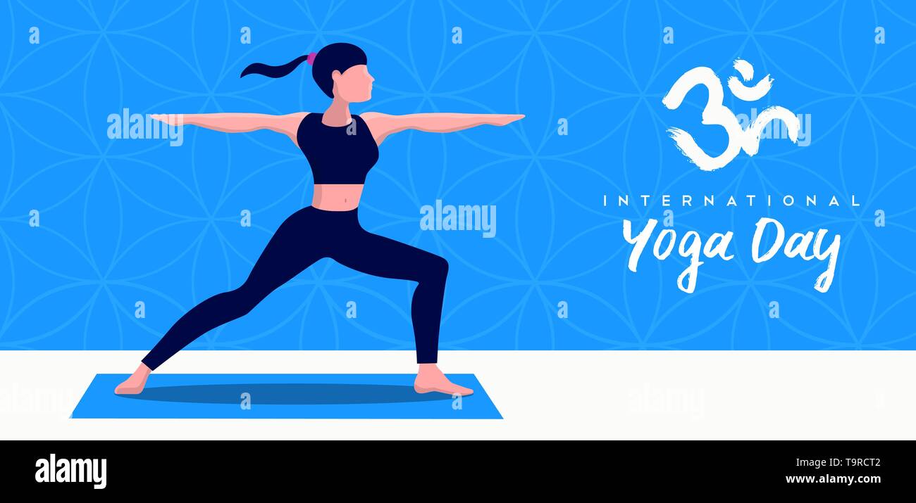 International Yoga giorno banner illustrazione della donna guerriero facendo posare per il rilassamento mentale e l'esercizio. Illustrazione Vettoriale