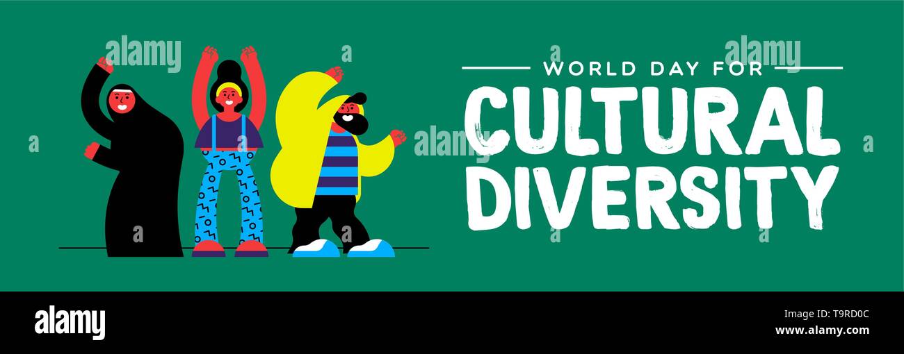 La diversità culturale giorno banner web illustrazione. Felice amico gruppo di diverse persone di etnia. Illustrazione Vettoriale